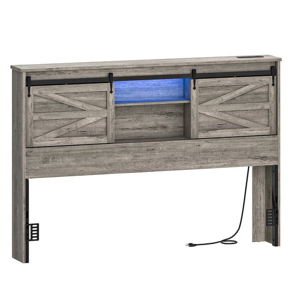 HOOBRO Queen Headboard with Charging Station, LED Light, 3-Tier Storage & Adjustable Height, Gray