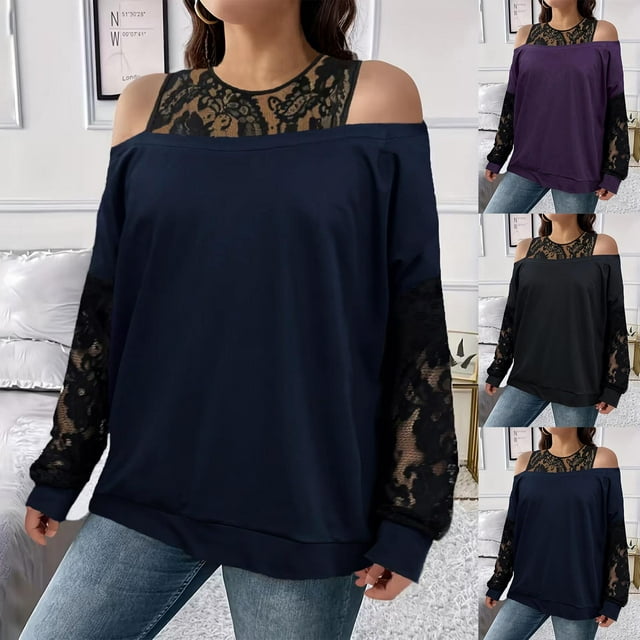 Blusa de talla grande con hombros descubiertos, top de manga larga con patchwork de encaje, camisa de poliéster con cuello redondo para mujer, ropa informal de fiesta, sopatenor