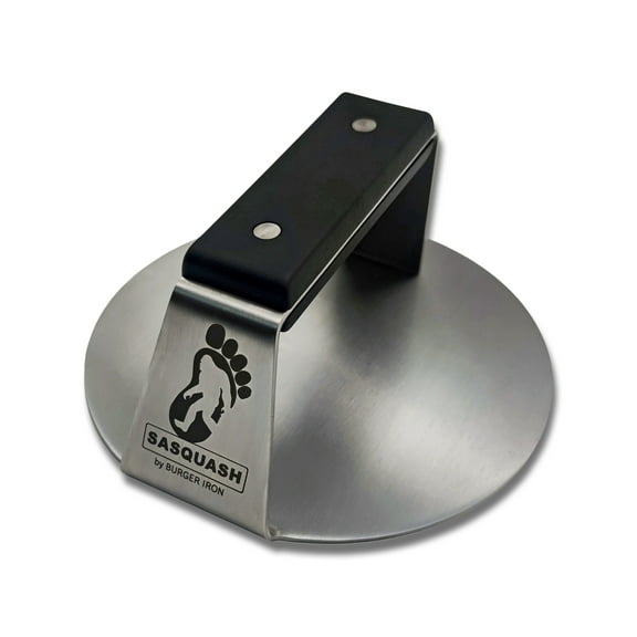 The Sasquash 'Indestructo' Burger Smasher - Professional Grade Wide Flat Handle Smashed Burger Press - Heavy Duty One-Piece Welded Stainless Steel BBQ Griddle and Grill Tool
