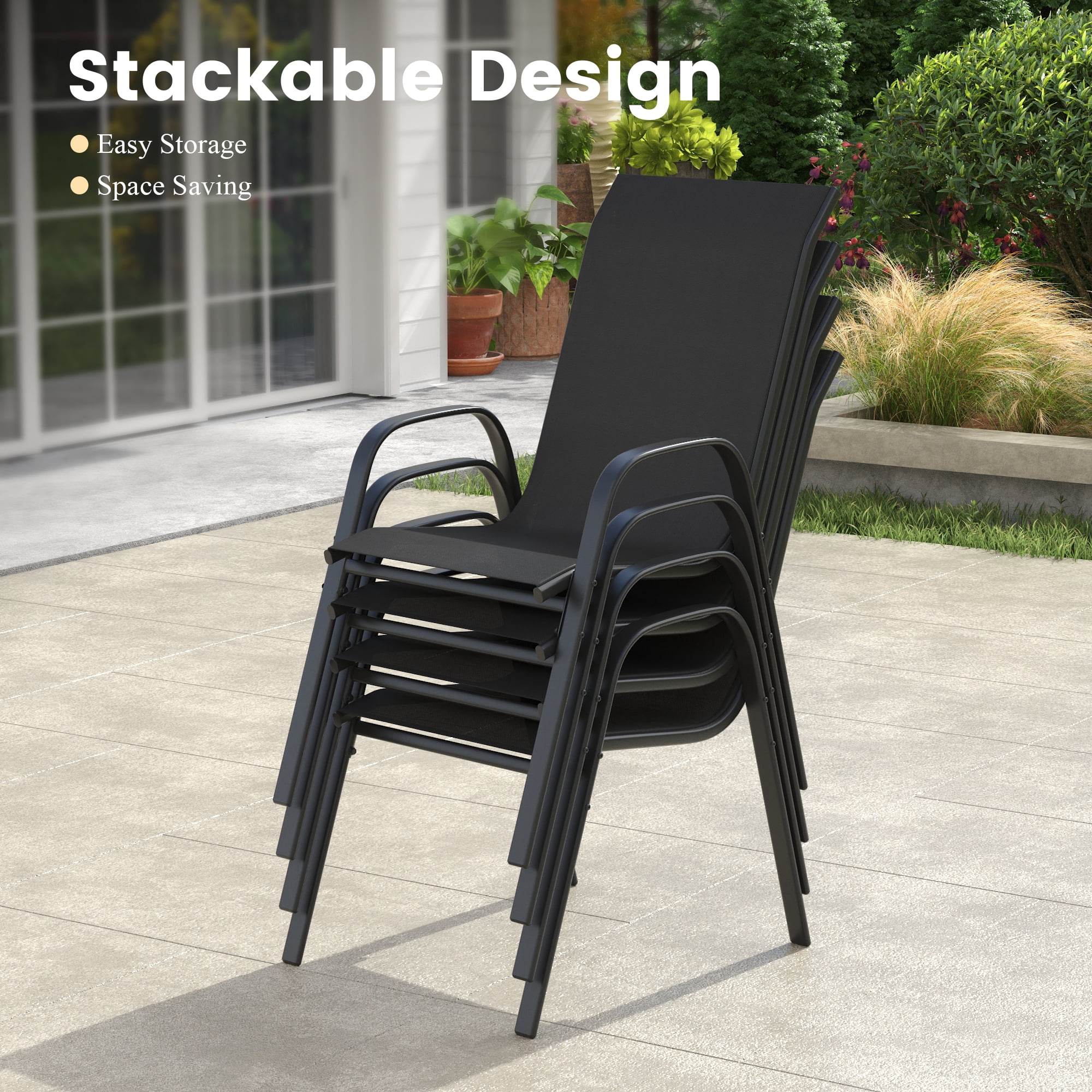 Vicllax Stackable Patio Dining Chairs Set of 4 , Modern Textilene Outdoor Chairs with Metal Frame for Garden, Backyard, Poolside,Black