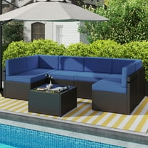 Kinbor 7pcs Outdoor Patio Furniture Sectional Pe Rattan Wicker Rattan Sofa Set, Dark Blue Cushions