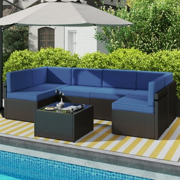Kinbor 7pcs Outdoor Patio Furniture Sectional Pe Rattan Wicker Rattan Sofa Set, Dark Blue Cushions