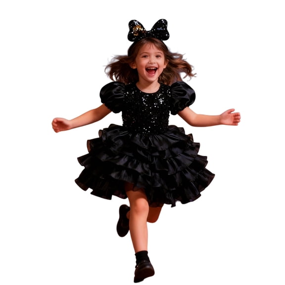 XUELUO Little Girls Dress Sequin Puff Sleeve Layered Ruffled Tulle Skirts And Bow Headband Playful Fashion Spring Clothes