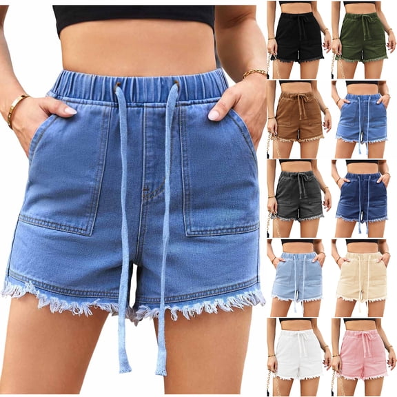 Bloomae Denim Shorts for Women Casual Drawstring Stretchy Elastic High Waist Comfy Short Jeans Lightweight Frayed Hem Summer Hot Pants with Pockets Black XL