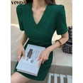 thumbnail image 5 of VONDA Summer Mini Dress 2024 Women Short Puff Sleeve Party Sundress V Neck Fashion Casual Loose Solid Zipper Short Vestidos, 5 of 5
