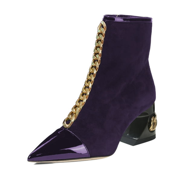 XYD Women Chic Pointed Closed Toe Middle Metal Chain Strap Ankle Boots Side Zip Chunky Chain Low Heel Bootie Shoes Size 6 Purple