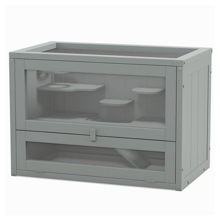 Hamster Cage 2-Level, Wood Small Animal , Open Top & Door, Gray