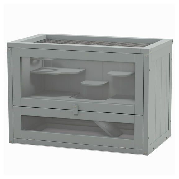 Hamster Cage 2-Level, Wood Small Animal , Open Top & Door, Gray