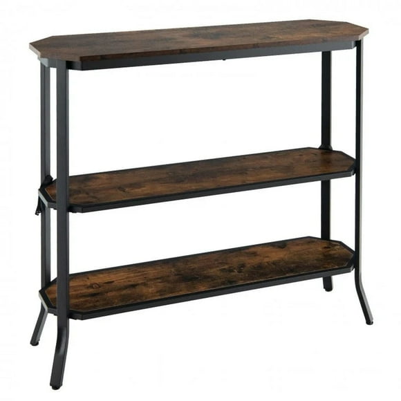 Industrial 3-Tier Console Table with Open Shelving and Steel Frame