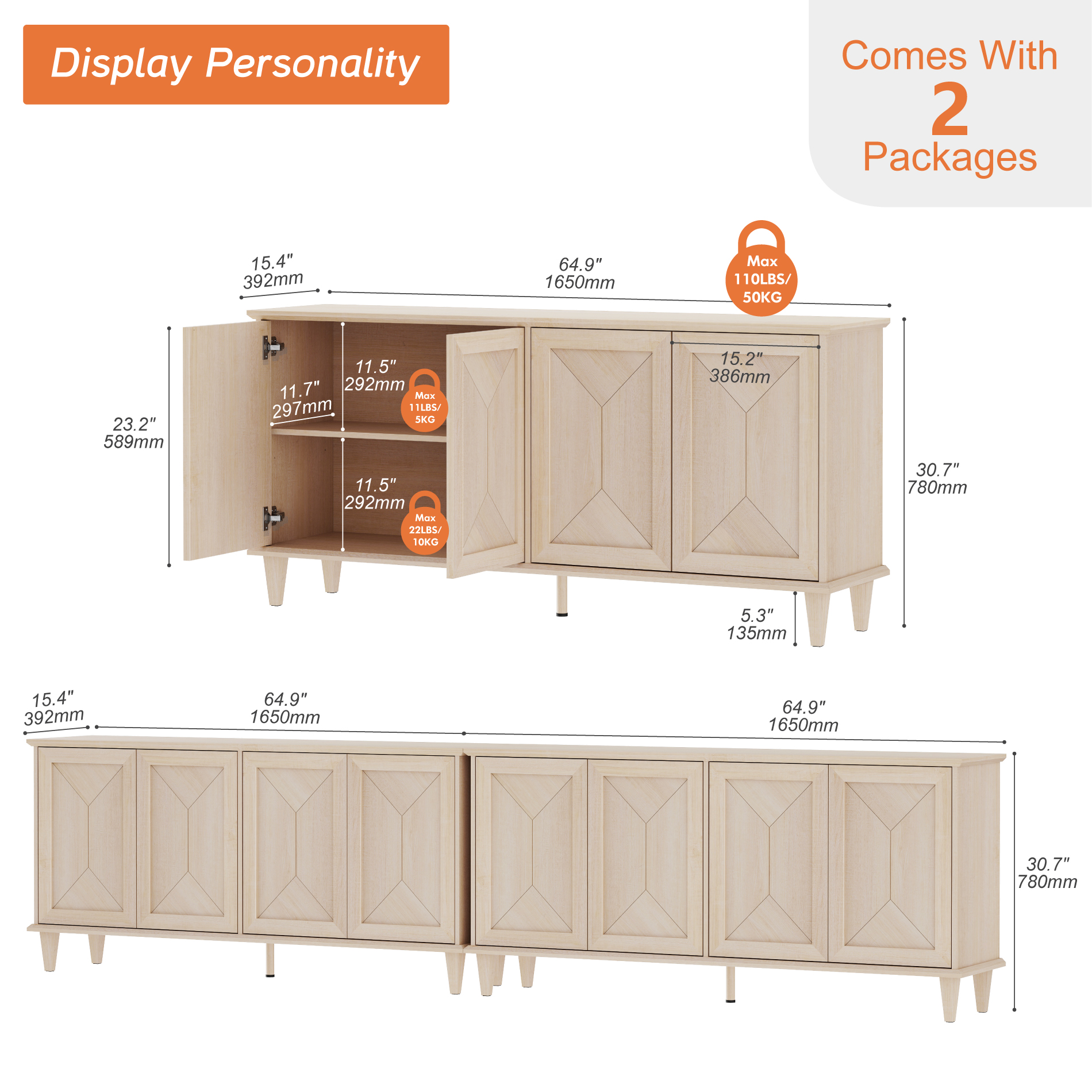 WAMPAT 130-inch Large Double Unit TV Stand for 85-130+ inch TVs, Modern Farmhouse Media Console with Handcrafted Patchwork Doors, Massive Storage with Adjustable Shelves & Cable Management, Light Oak