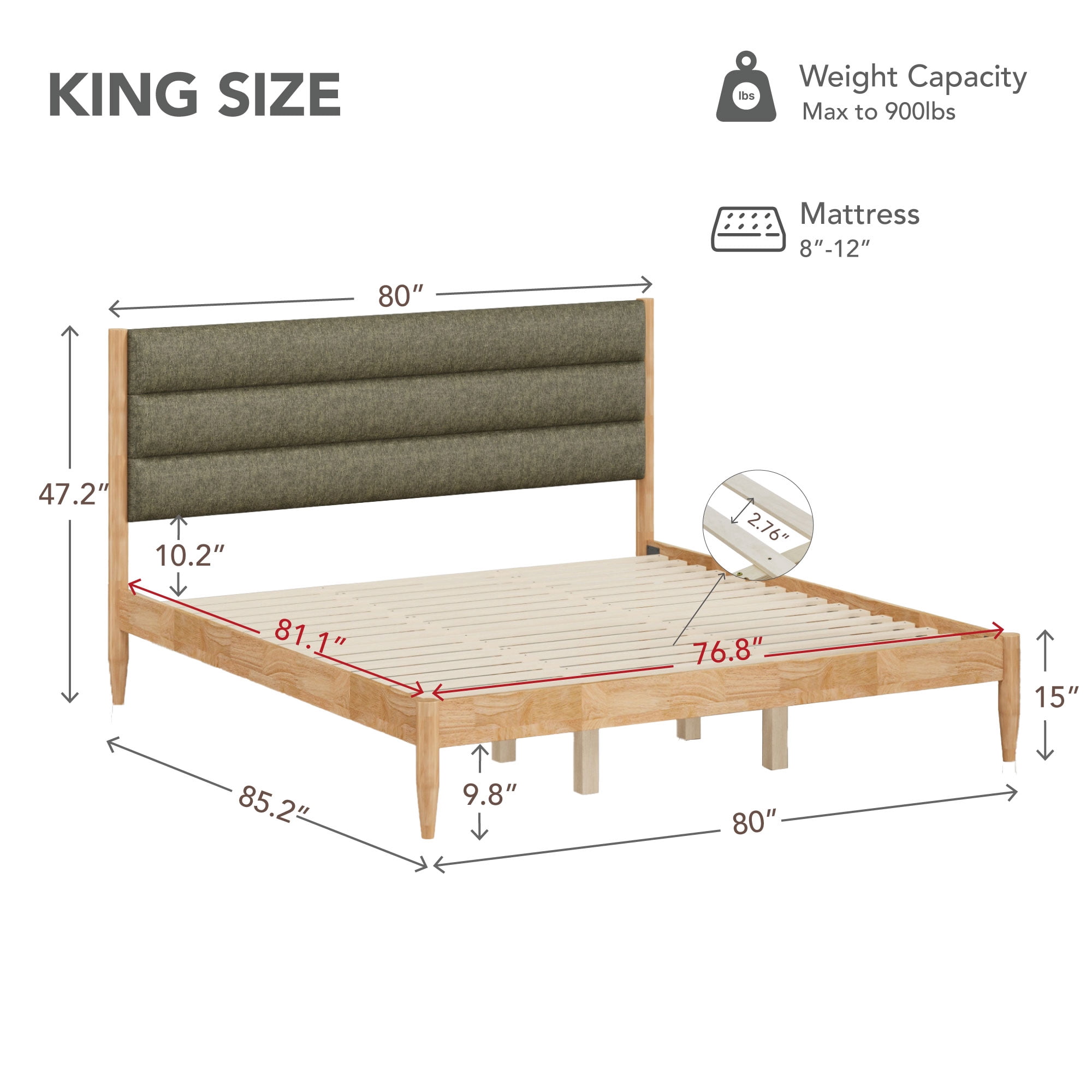 Spruce & Spring Farmhouse King Upholstered Bed Frame, Solid Rubberwood Frame, Sage Green Boucle Headboard, Noise-Free, No Box Spring Required, Natural & Sage