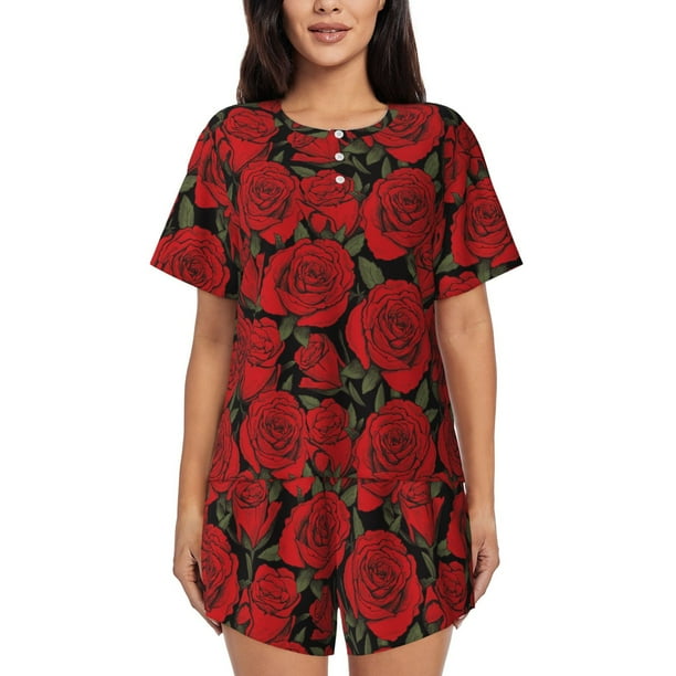 Balery Rose Flowers Conjunto de Pijama para Mujer con Estampado, Dos Piezas de Manga Corta y Shorts, Ropa de Dormir Suave con Cuello Redondo y Bolsillos-Small
