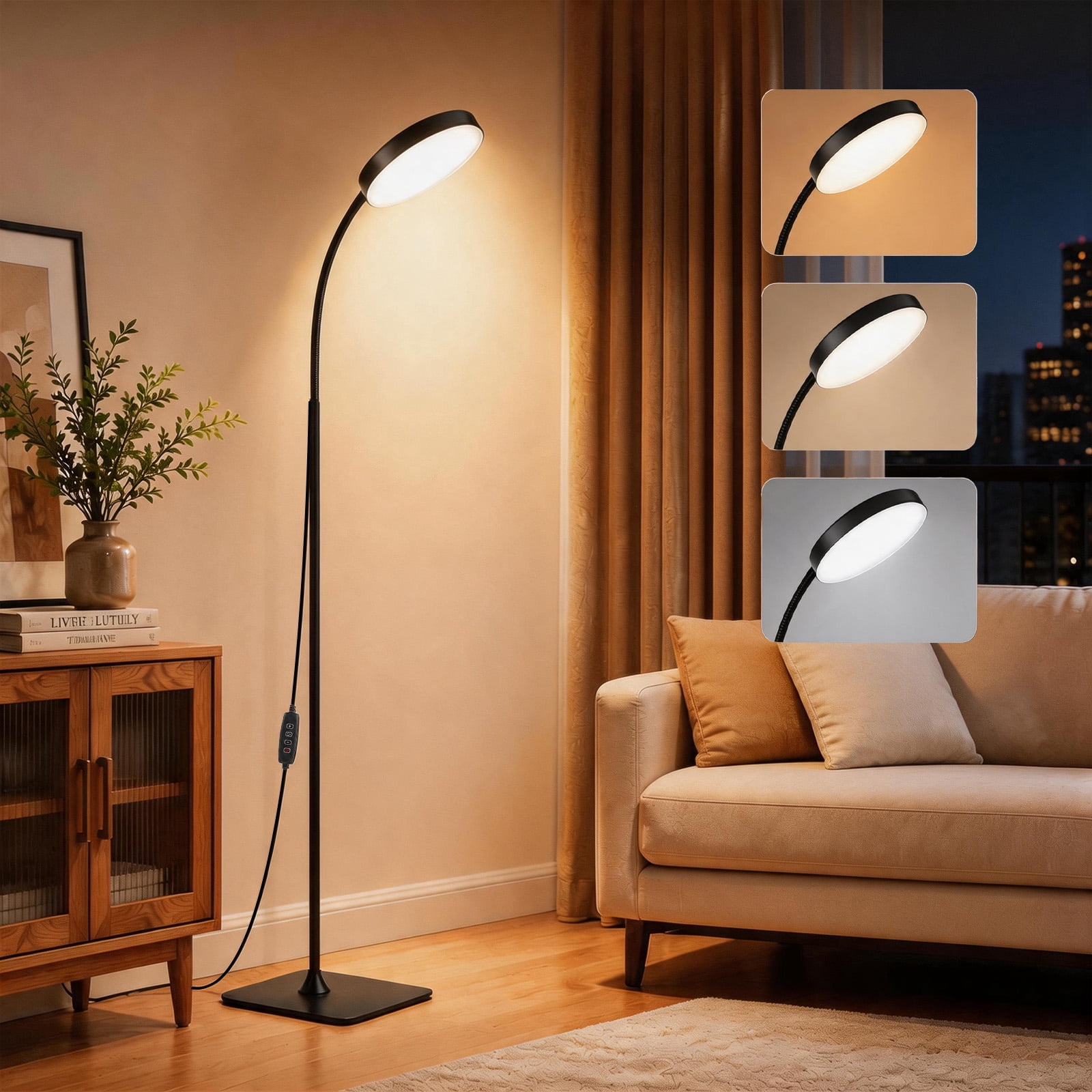 Gaormii Adjustable Height LED Floor Lamp, 3 Colors and 10 Brightness Dimmable Standing Lamp for Living Room Bedroom Office, Black