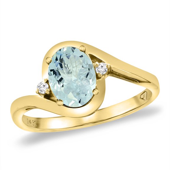 14K Yellow Gold Diamond Natural Aquamarine Bypass Engagement Ring Oval 8x6 mm, size 8.5