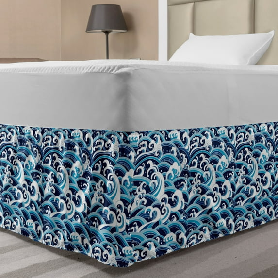 Japanese Wave Bed Skirt, Traditional Eastern Pattern with Waves of Water Foam Splashes, Elastic Bedskirt Dust Ruffle Wrap Around for Bedding Decor, 4 Sizes, Pale Blue Navy Blue, by Ambesonne
