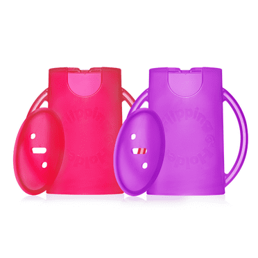 Squeeze Proof Flipping Holder DELUXE with lid 2-Pack for Food Pouches & Juice Boxes (Purple & Pink) - Multipurpose Design with Cover - Prevent Messes & Support Self-Feeding - Handles