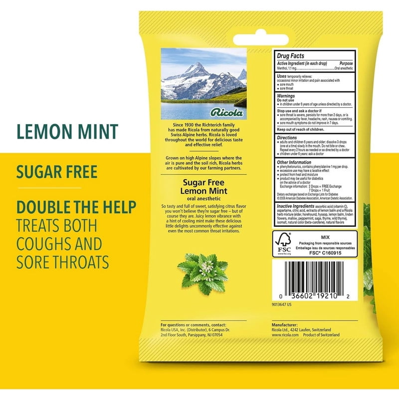 Ricola Sugar Free Herb Throat Drops Lemon Mint 19 Each (Pack of 6)