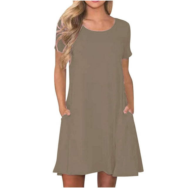 Ovzne Robes Grande Taille pour Femmes Rondes Robe Femme Mode Femme Été Décontractée Col Rond Manches Courtes Robe Mini Unie Robe Grande Taille Manches Courtes Liquidation