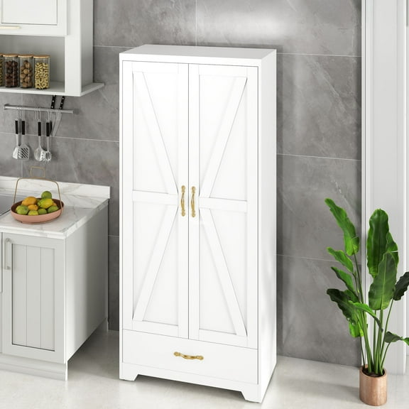 ModFusion 62" Storage Cabinet with Drawer, Adjustable Shelves, Anti-Tip, White Freestanding Organizer for Kitchen/Living Room