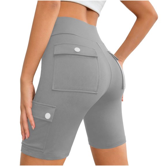 Nfurl Womens Biker Shorts with Pockets no Front Seam Workout Leggings Shorts High Waist Tummy Control Gym Yoga Shorts Summer Gray,XXL