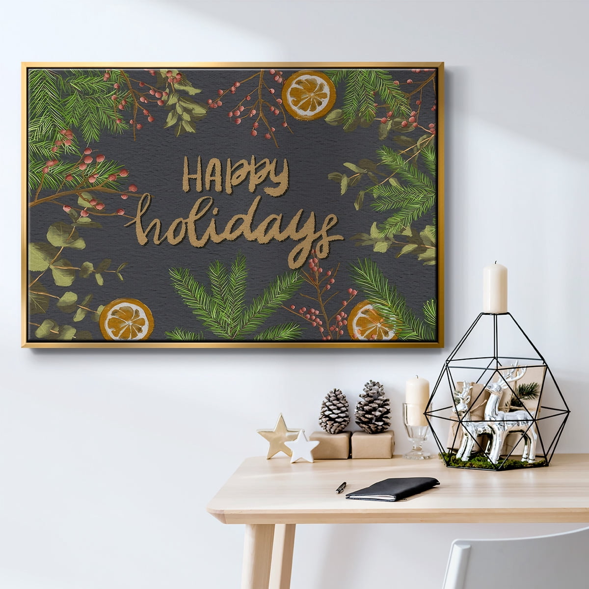 Holiday Sentiment II - Framed Gallery Wrapped Holiday Canvas - 17 x 25 - Gold Frame
