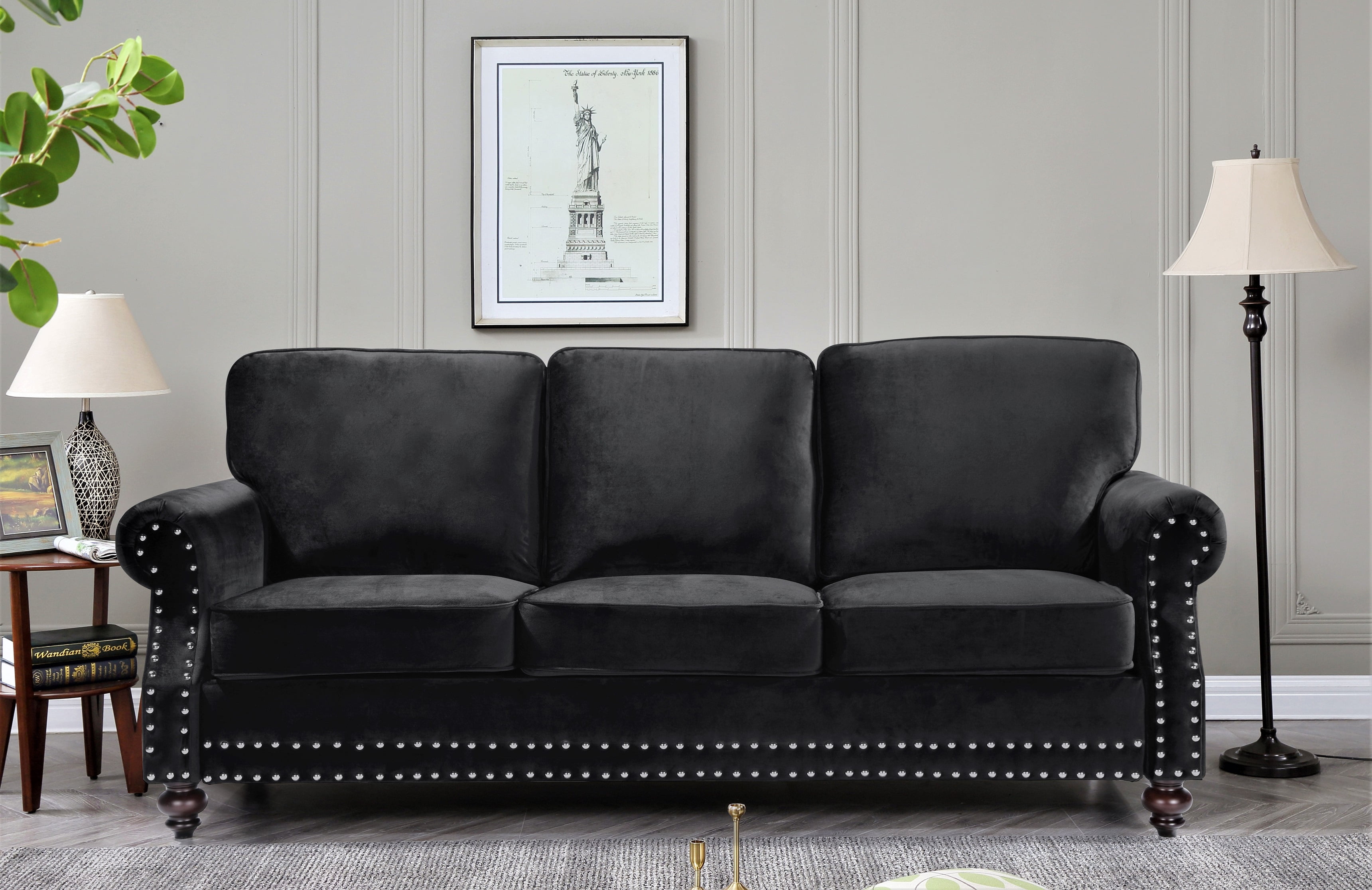 Uspridefurniture Feingold 3Pcs Velvet Living Room Set, Black