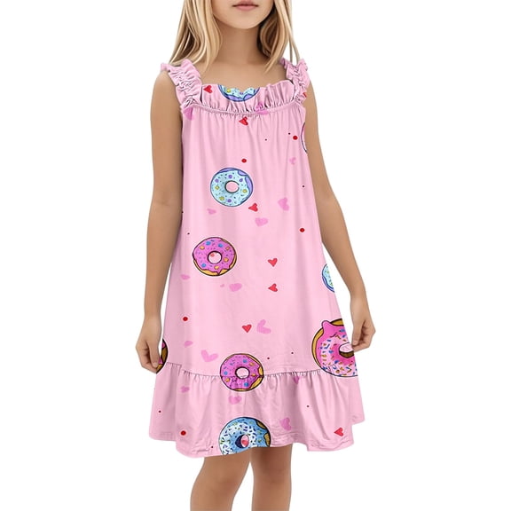 FYDUU 4th Of July Dress For Girls Nightgowns Summer Floral Dress Sleeveless Ruffle Spaghetti Strap Sleep Dress Casual Nightgown Soft Sleepwear 5-6 Years
