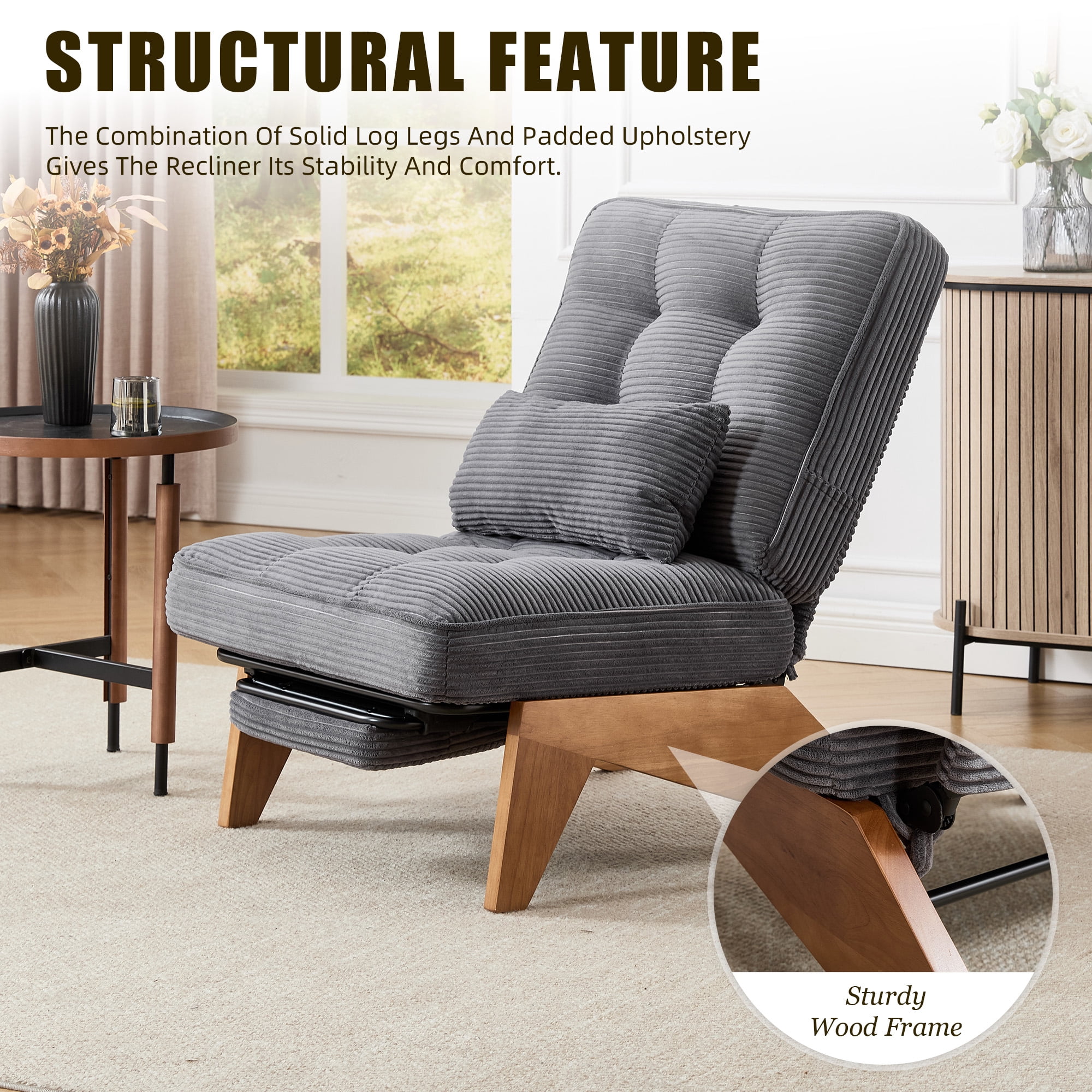 MOONMISS Modern Adjustable Lounge Chair with Footrest,Wooden Base Upholstered Recliner for Reading Rest Striped Velvet