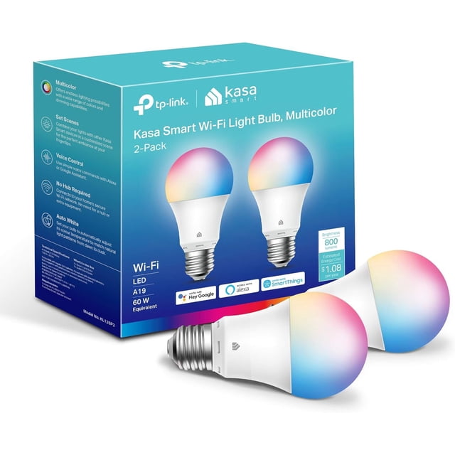 Kasa Smart - Bombillas WiFi inteligentes regulables que cambian a todo color y funcionan con Alexa y Google Home, A19, 9 W, 800 lúmenes, solo 2,4 GHz, no requiere hub, paquete de 2 (KL125P2