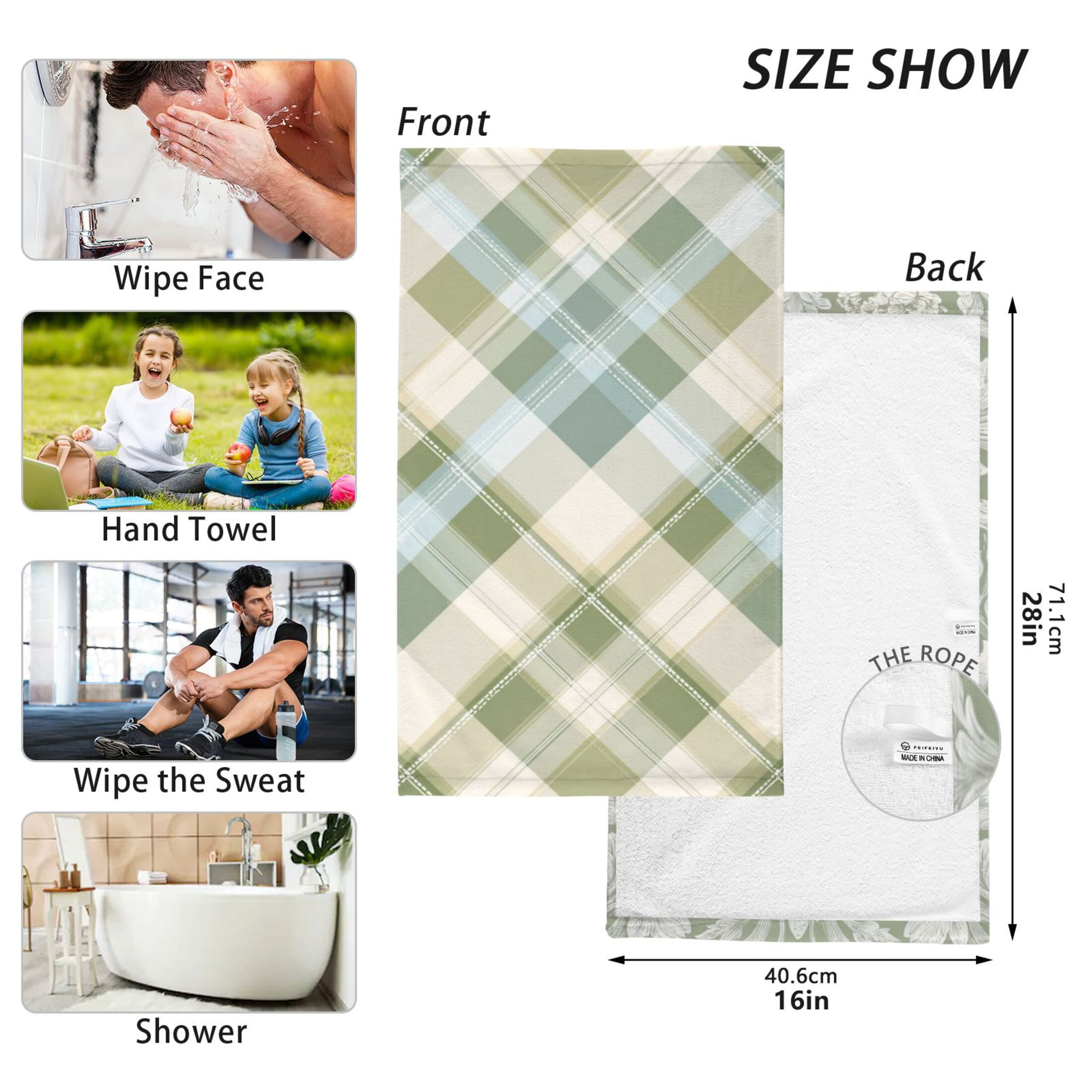 2-Pack Soft 100% Cotton & Highly Absorbent Bath Towel 2 Defferent Pattern Designs Sage Green and Ivory Iconic Green&beige