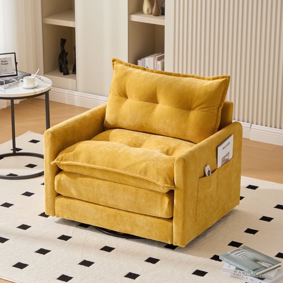 Villeston Swivel Accent Chair, 36.2"W Oversize Chenille Armchair with Side Bag, Modern Comfortable Chair for Living Room, Bedroom,Mustard yellow