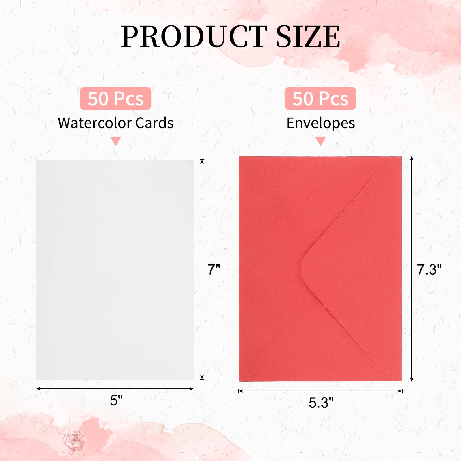 5x7 Inch Pure Cotton Watercolor Cards, 50 Sets Postcards with Envelopes 140lb/300 GSM for Art Painting Creative Thank Notes, Red