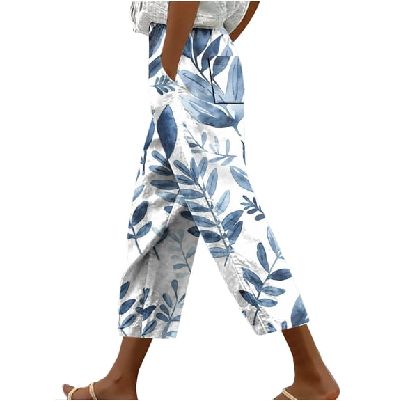 Pxkloy Capri Flowy Pants for Women Floral,Lightweight Women Cotton Crop Capris Floral Print High Rise Casual Solid Linen Dressy Capri Pants for Women Loose Fit Multicolor