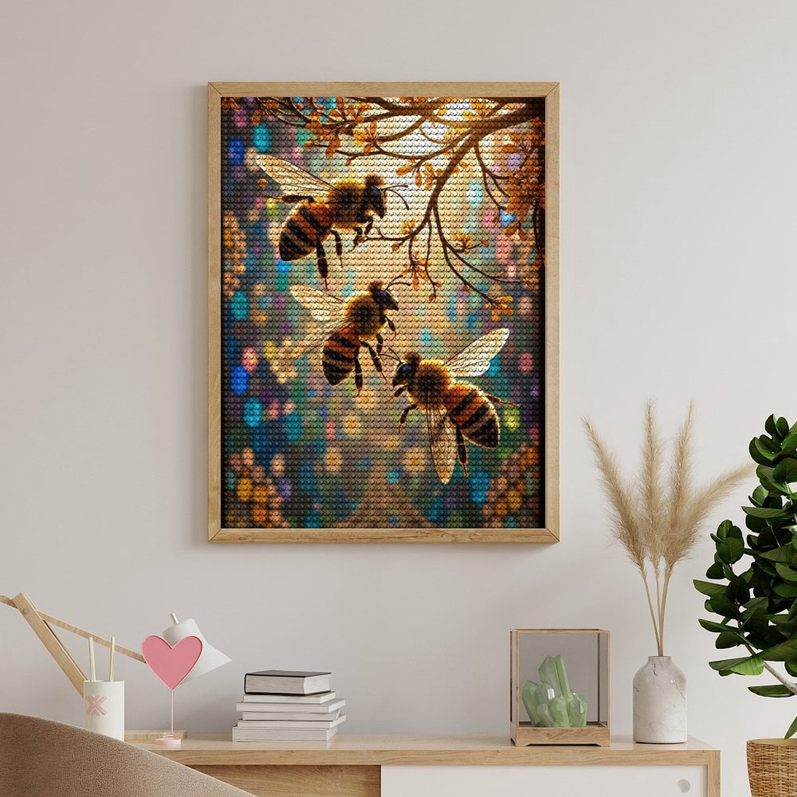 Diamond Art Kits for Adults, Bees On Blossoms Colorful Scene 5D Diamond Painting Kits for Adults Beginners, DIY Full Drill Diamond Painting, Gem Art and Crafts 12x16