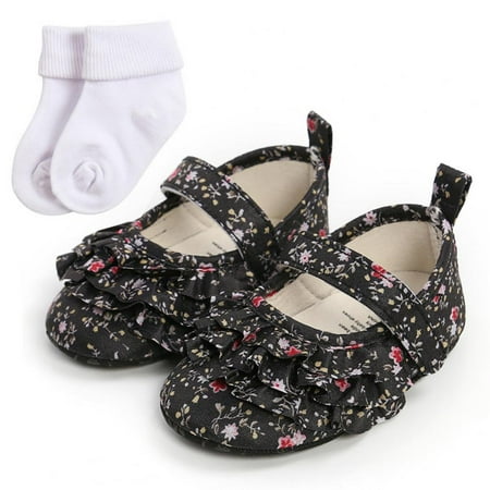 

Baby Girls Mary Jane Flats Infant Cute Floral Print Shoes Newborn Princess Dress Wedding Ruffled Shoes Toddler First Walkers with Socks 0-18M