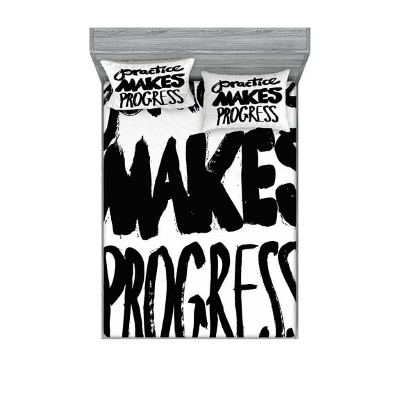 Ambesonne Saying Fitted Sheet & Pillow Sham Set, Practice Makes Progress, Queen, Black White