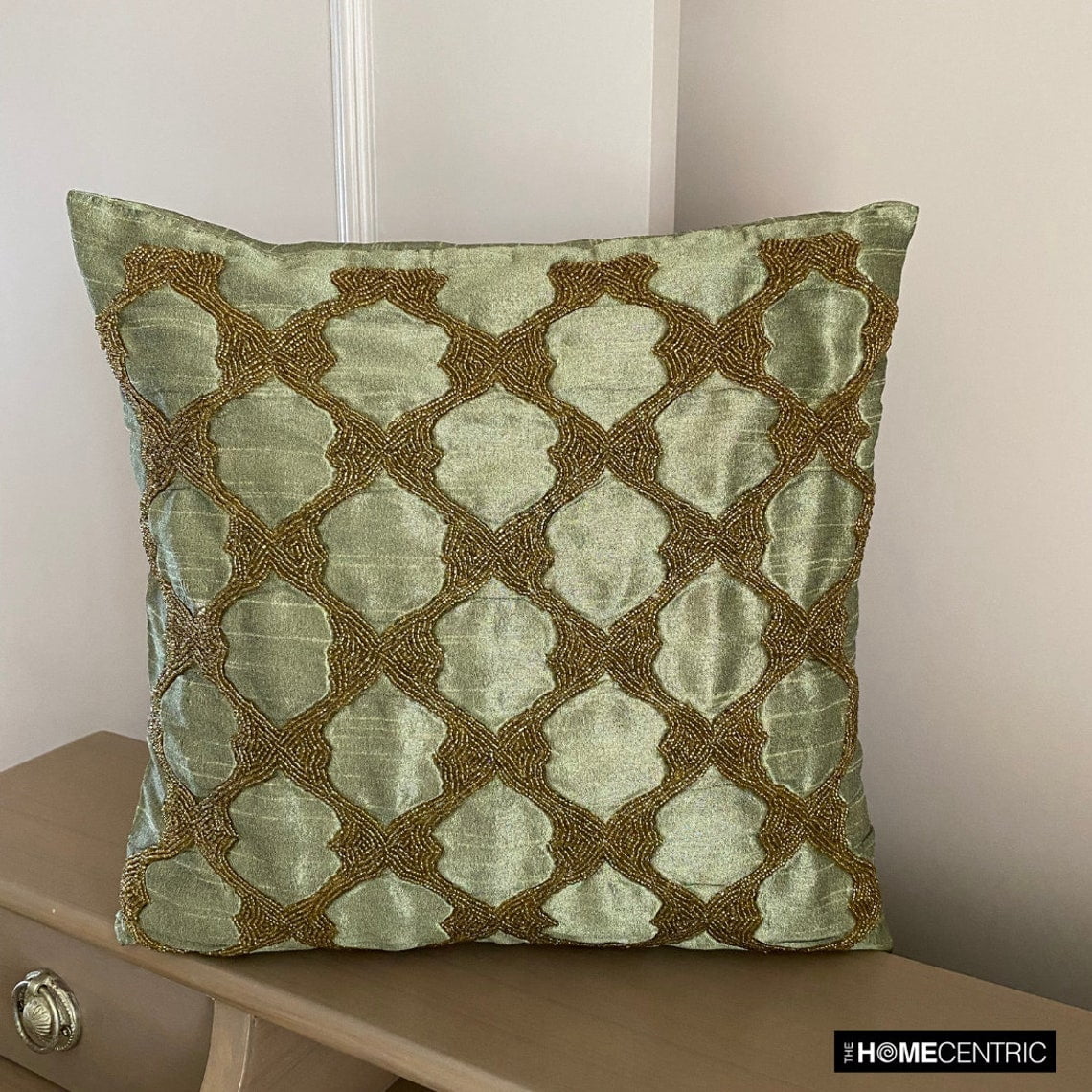 Pillow Cover Zipper, Earth Green Pillow Cover, Gold Beaded Lattice Trellis Pillow Cover, 14x14 inch (35x35 cm) Pillow Cover, Square Silk Pillow Cover Couch, Geometric - Tarnished Gold