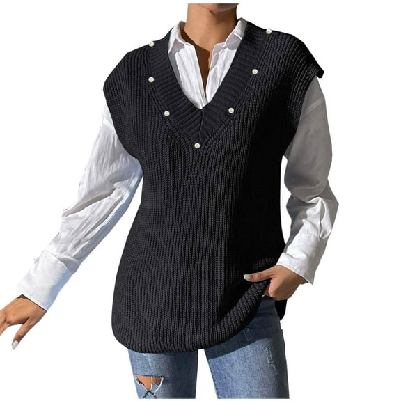 HTNBO Women's Sweater Vest Loose V Neck Cap Sleeve Chunky Knit Tank Tops Fall Sleeveless Pullover Sweaters