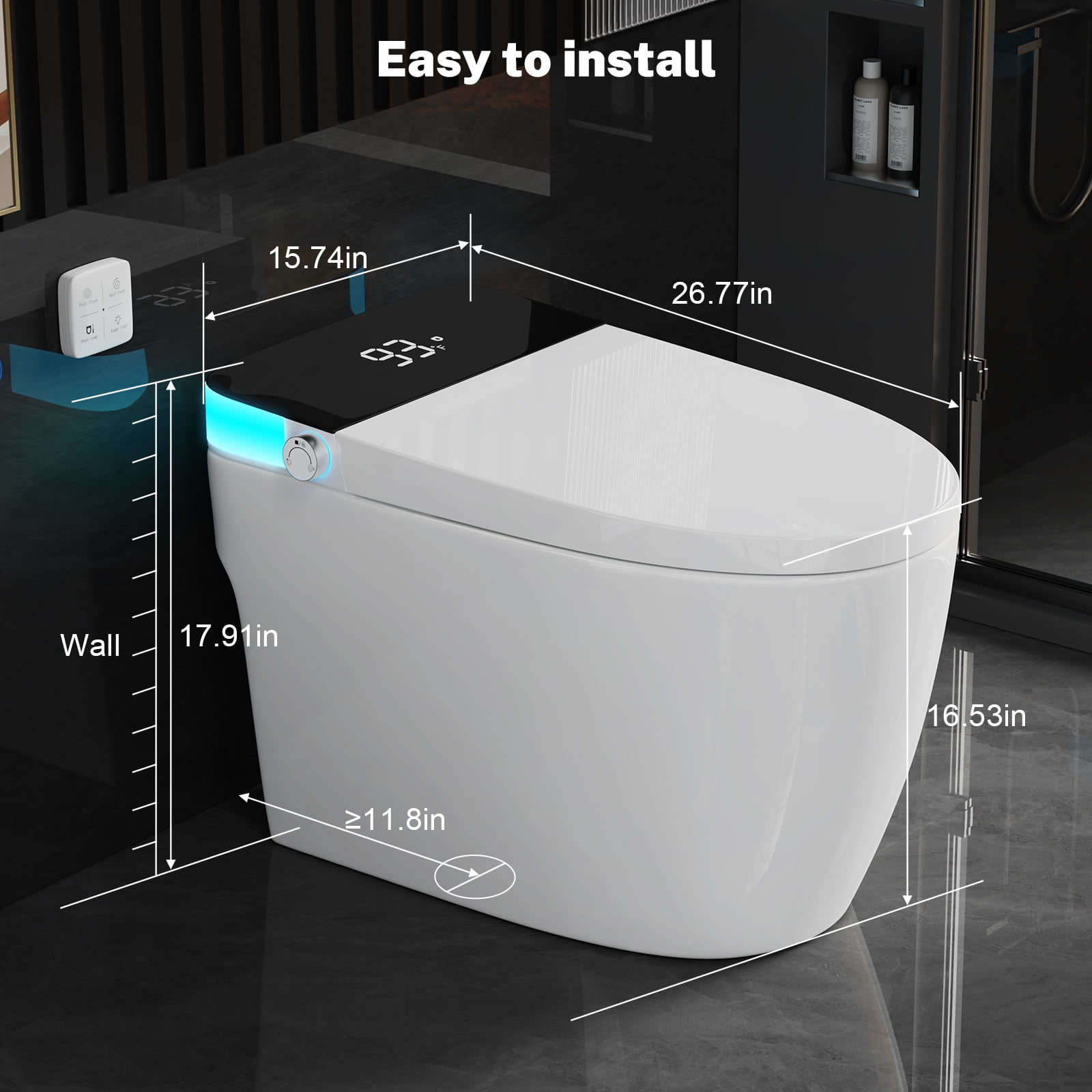 Smart Toilet with Heated Seat, Auto Flush and Foot Sensor, Modern One-Piece Toilet with Night Light, Quiet Close Lid, Water-Saving Dual Flush, 110V for US Bathrooms