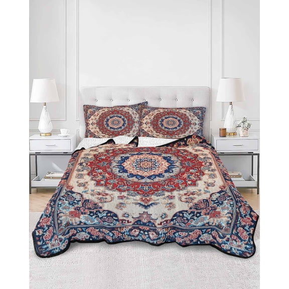Quilts Twin Size, Red Navy Blue Boho Soft Comforter Bedding Set for Bed, Vintage Ethnic Geometric Lightweight Quilted Bedspread with Pillow Cover(2 Pieces) for All Season, 68x86 Inch