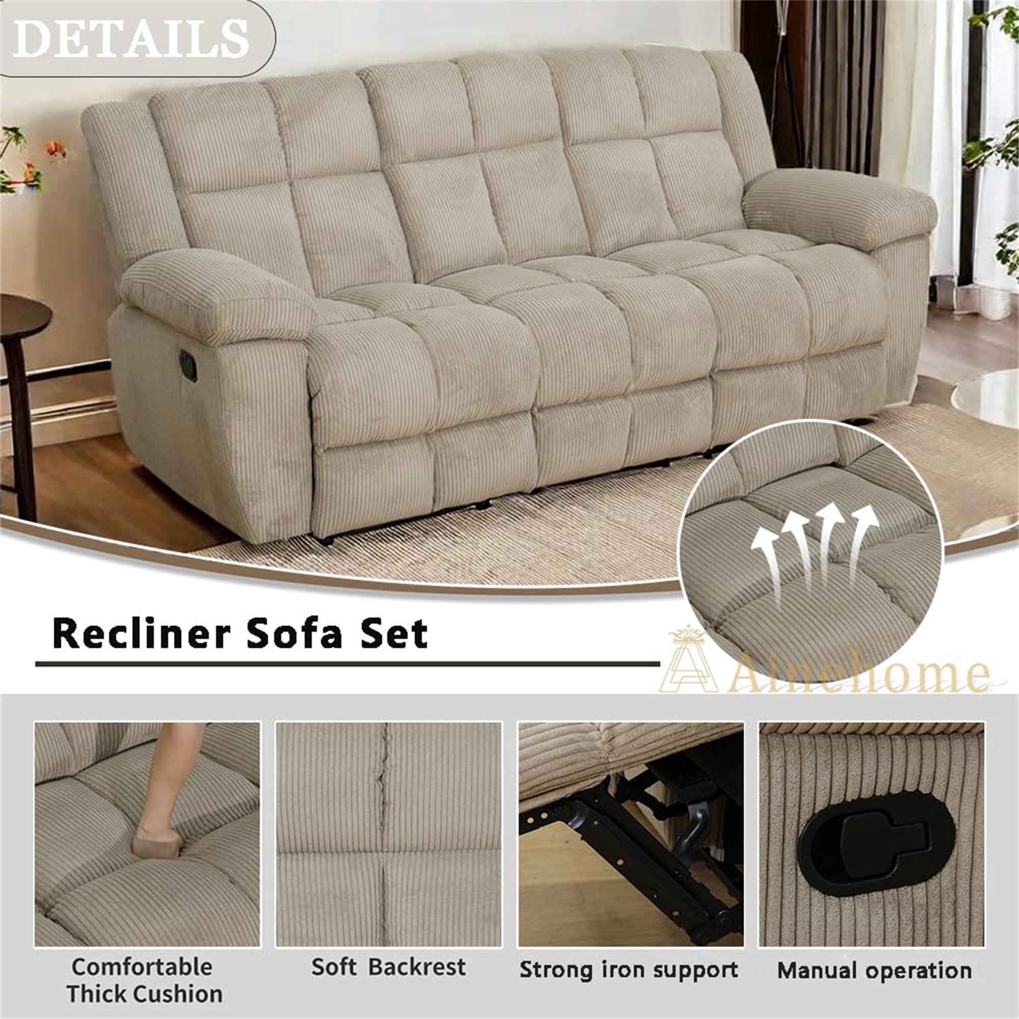 Aukfa 3-Piece Recliner Sofa Set - 89" 3 Seat Recliner w/ Flip Backrest Cupholder, Home Theater Seating, Beige