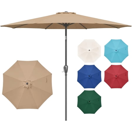 Simple Deluxe 9' Patio Umbrella Outdoor Table Market Yard Umbrella with Push Button Tilt/Crank, 8 Sturdy Ribs for Garden, Deck, Backyard, Pool, Tan