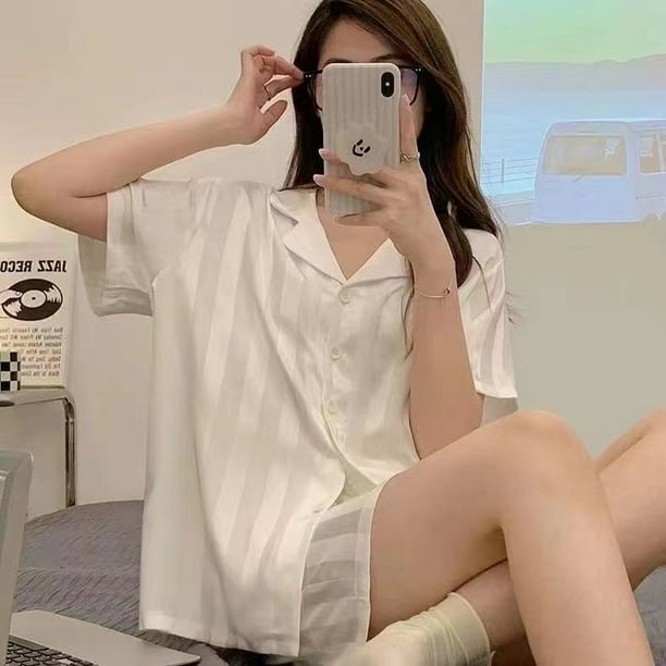 Pijama de seda de hielo para mujer, traje de dos piezas fino de verano de manga corta de seda artificial para el hogar