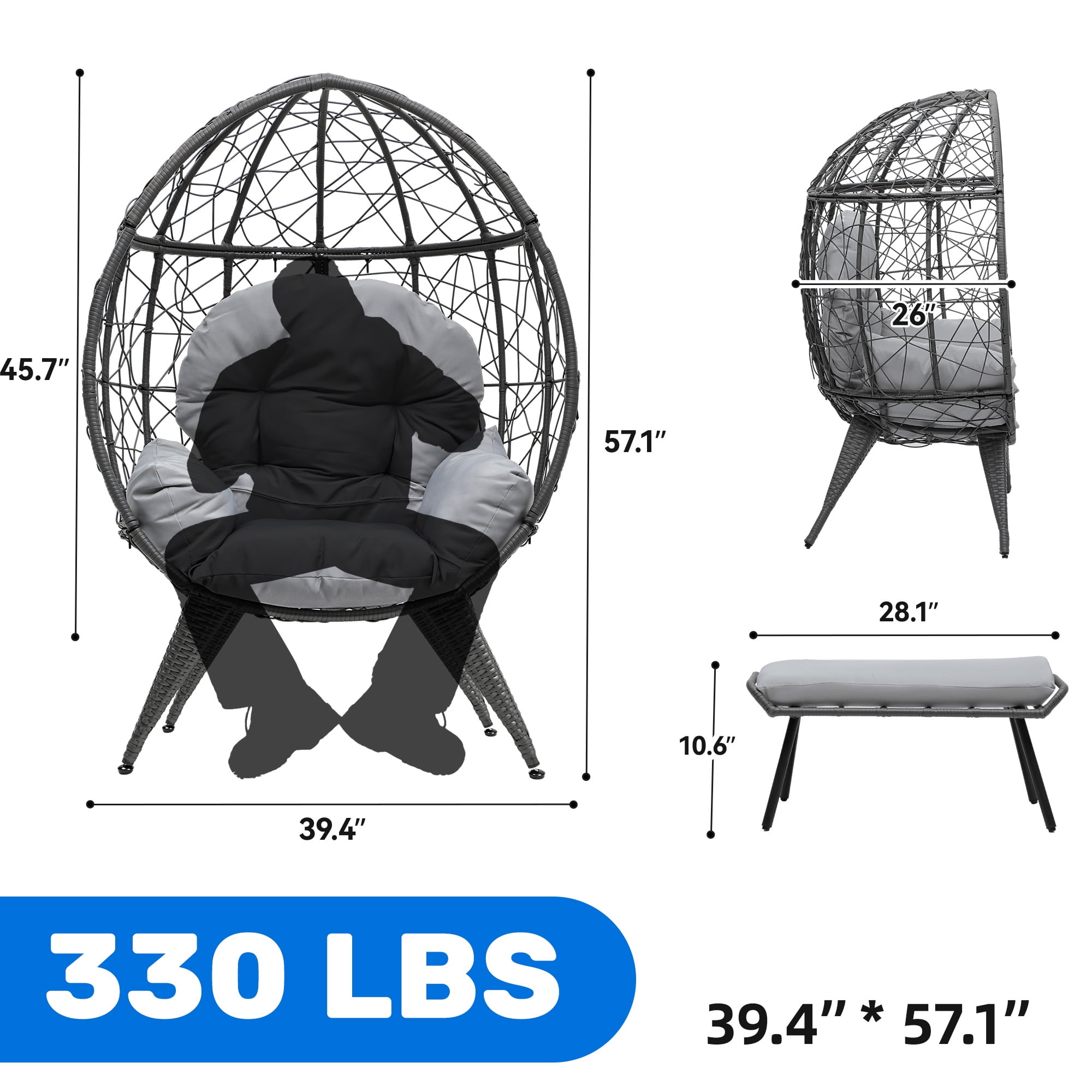 Uforic Outdoor Egg Chair with Stand and Ottoman, Cushioned Wicker Chair with PE Rattan Design, Footrest Included for Patio, Garden, Backyard, Porch, Gray
