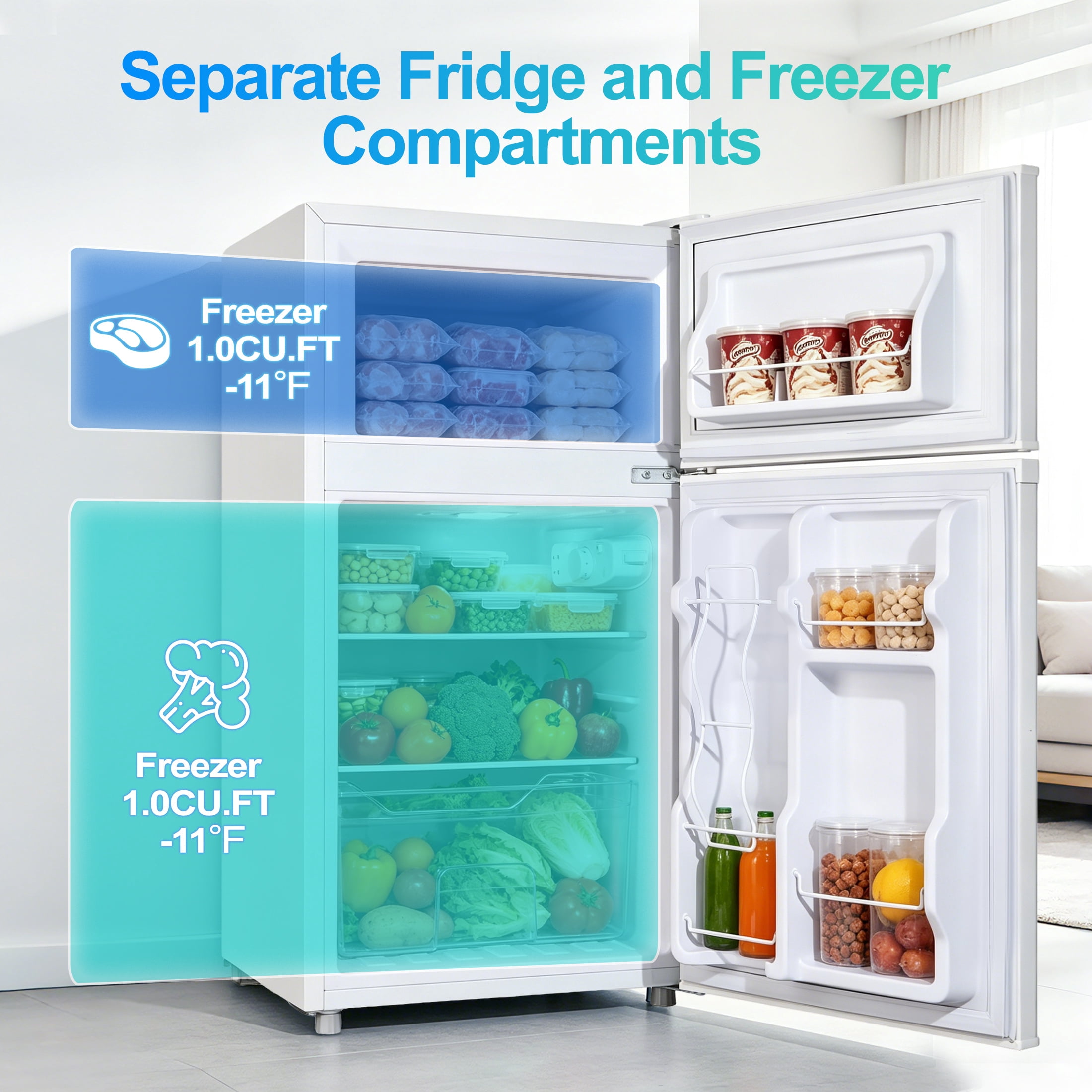 3.5 Cu ft Two Door Mini Fridge with Freezer,Apartment Size Refrigerator, White,New