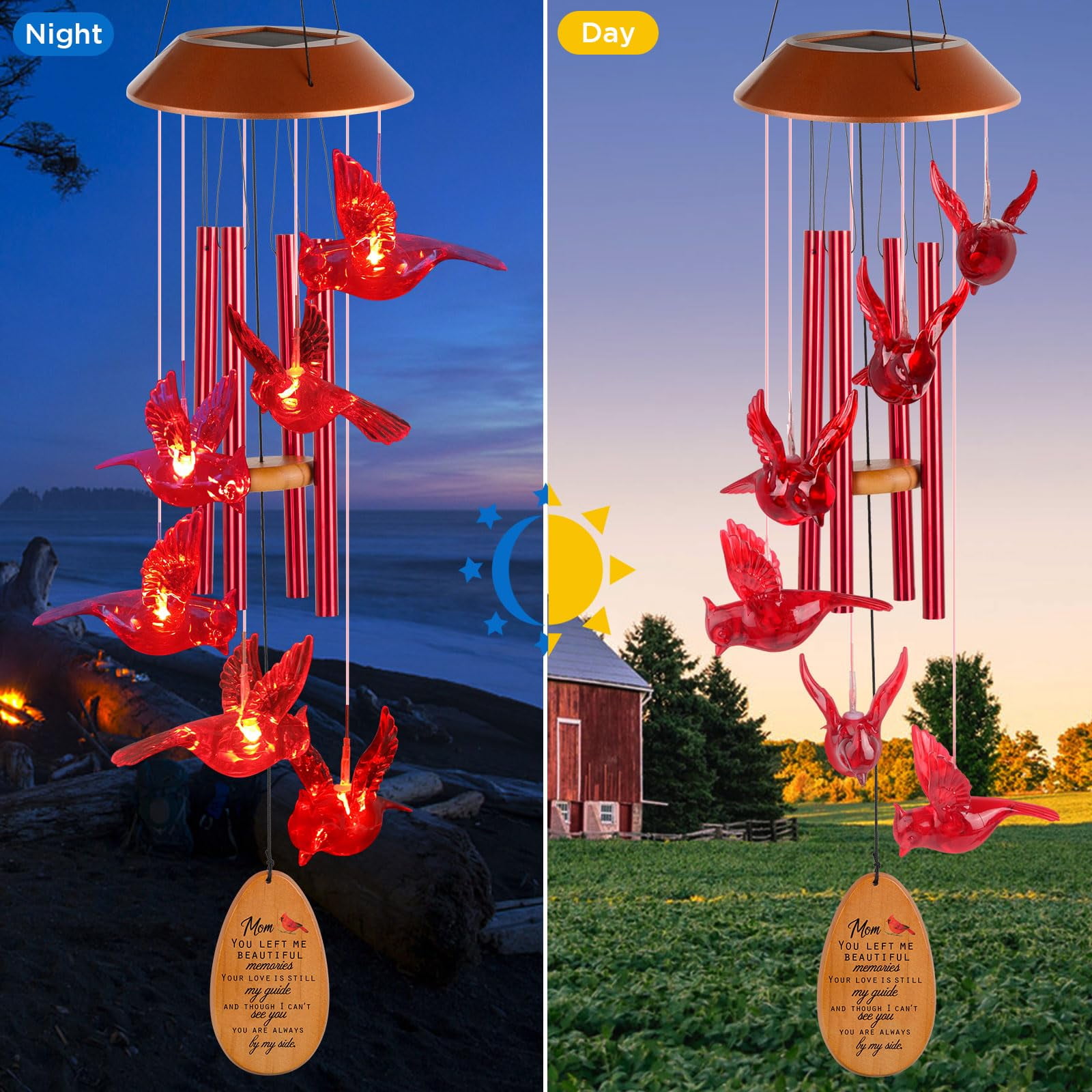 Cardinal Red Bird Solar Wind Chimes - Outdoor Garden Gifts for Mom from Daughter or Son - Mom's Room Decor for Mother's Day, Thanksgiving, Christmas, Birthday