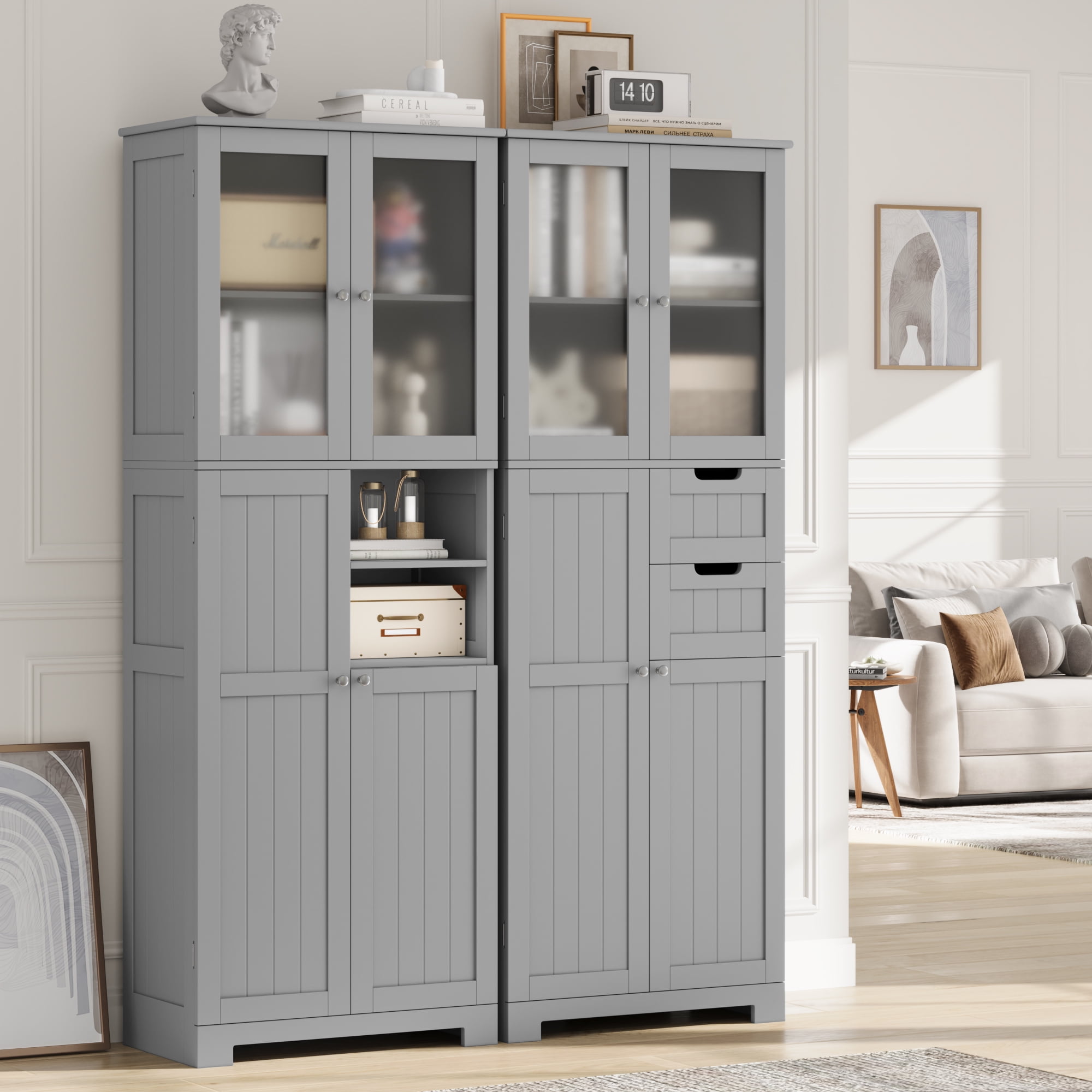 Homfa 67" Tall Bathroom Cabinet, Linen Cabinet with Doors and Removable Drawers, Kitchen Cupboard, Gray