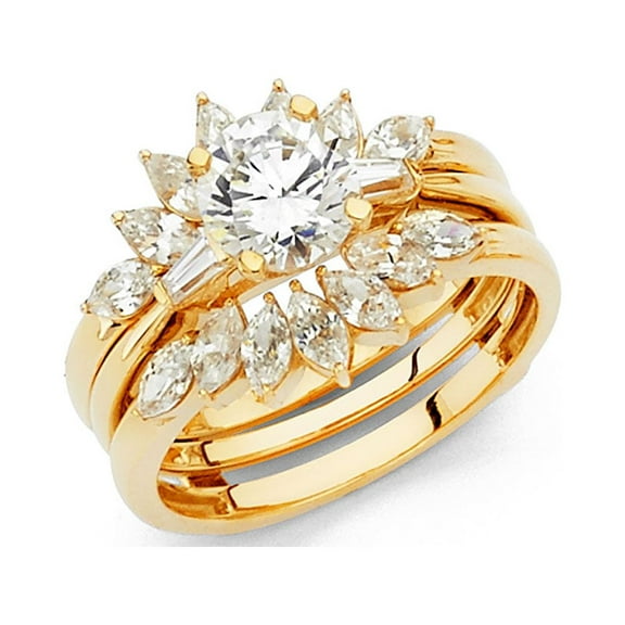 14k Yellow Gold Flower CZ Bridal Rings Set Solitaire Engagement Ring & Wedding Band Side Stones, Size 7