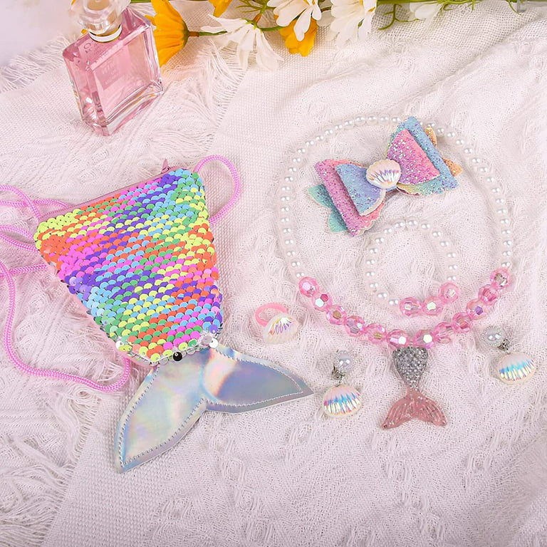 Kids Jewelry Kits New Necklace Set Cute Cartoon Sequin Mermaid Bracelet  Ring Earrings Hair Clips Set Party Favors Gift For Toddler Princess Jewelry  Dr