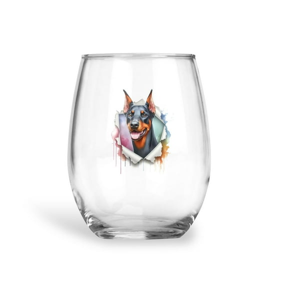 Funny Watercolor Adorable Doberman Pinscher Peeking Through Torn Paper Effect 15oz Stemless Wine Glass Mug Doberman Dog Lover Gifts Wine Glasses Cup - 00026